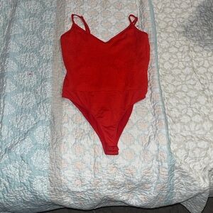 Forever 21 Red Ribbed V-Neck Bodysuit
